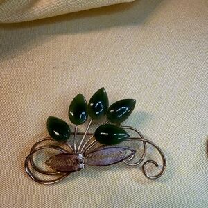 Vintage Genuine Jade Filigree Brooch